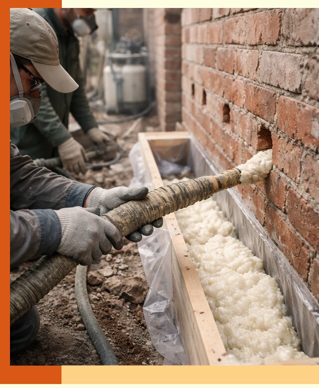 Заливка ППУ в пустоты кирпичной стены в Сегеже