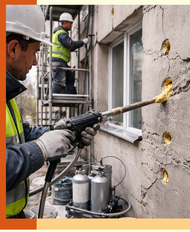 Заполнение пустот в фасаде и утепление стен в Сегеже